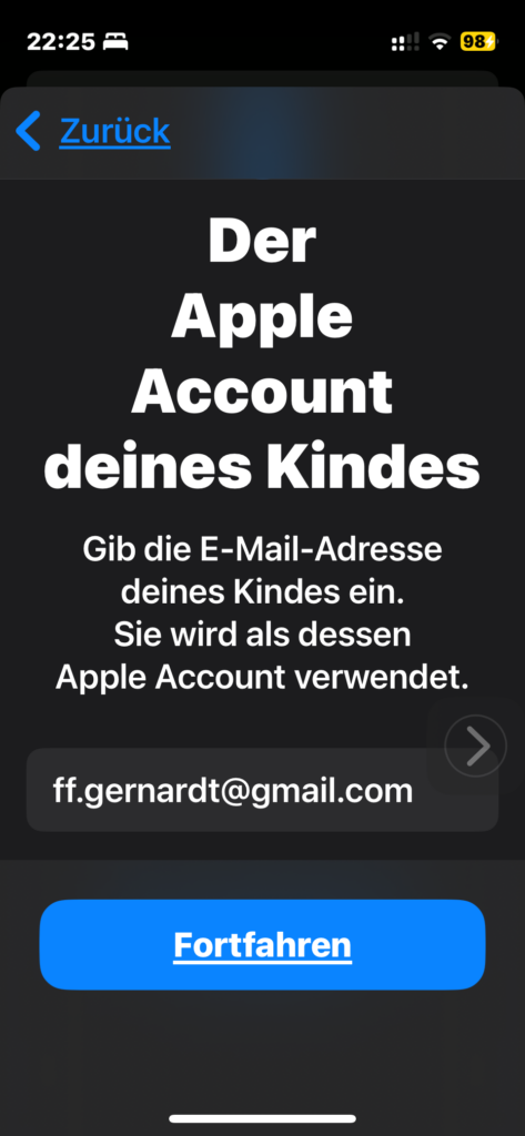 Es muss für ein Apple Kinderaccount eine Mailadresse des Kindes angegeben werden