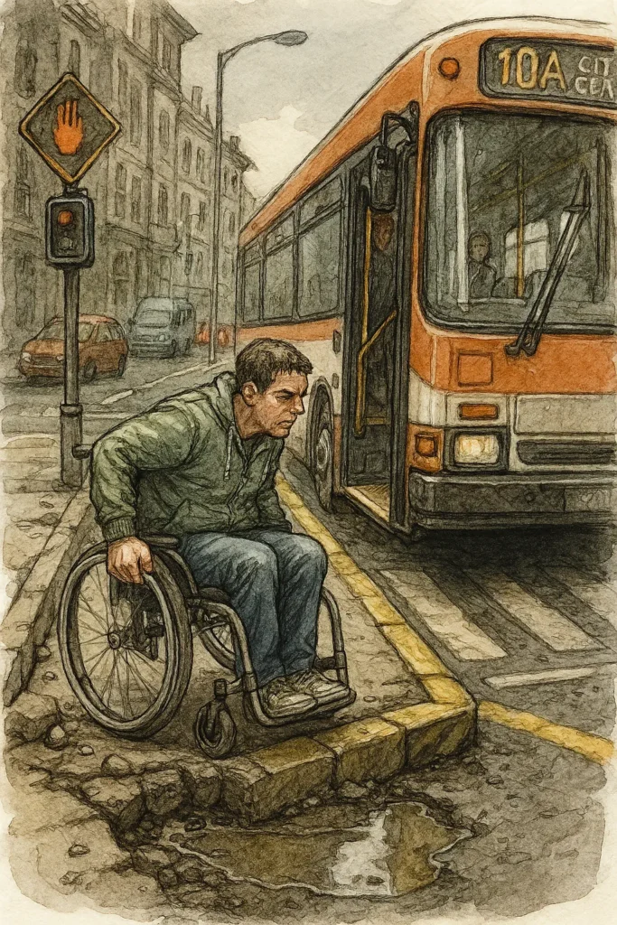 Rollstuhlfahrer versucht, an einer Bushaltestelle mit defekter Rampe und hohem Bordstein in einen Bus zu gelangen. Der Gehweg ist durch parkende Autos und Unebenheiten zusätzlich schwer passierbar.