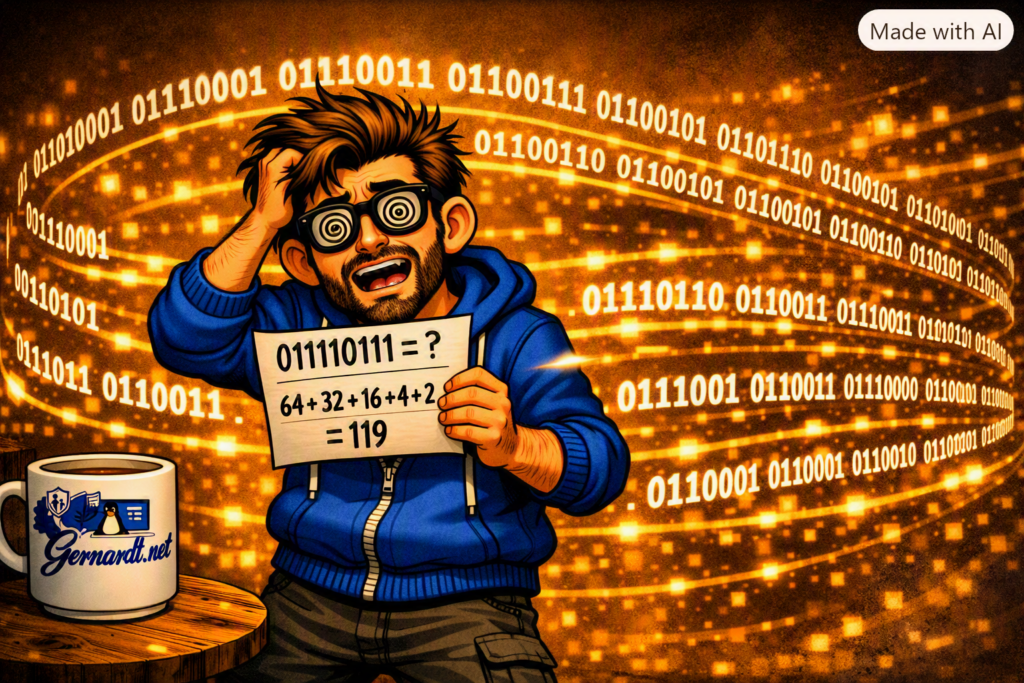 Cartoon eines überforderten Programmierers mit Brille und Hoodie, der eine Binärzahl‑Rechnung hält. Im Hintergrund leuchten Binärzahlen – Symbol für das Umrechnen von Binär in Dezimal.