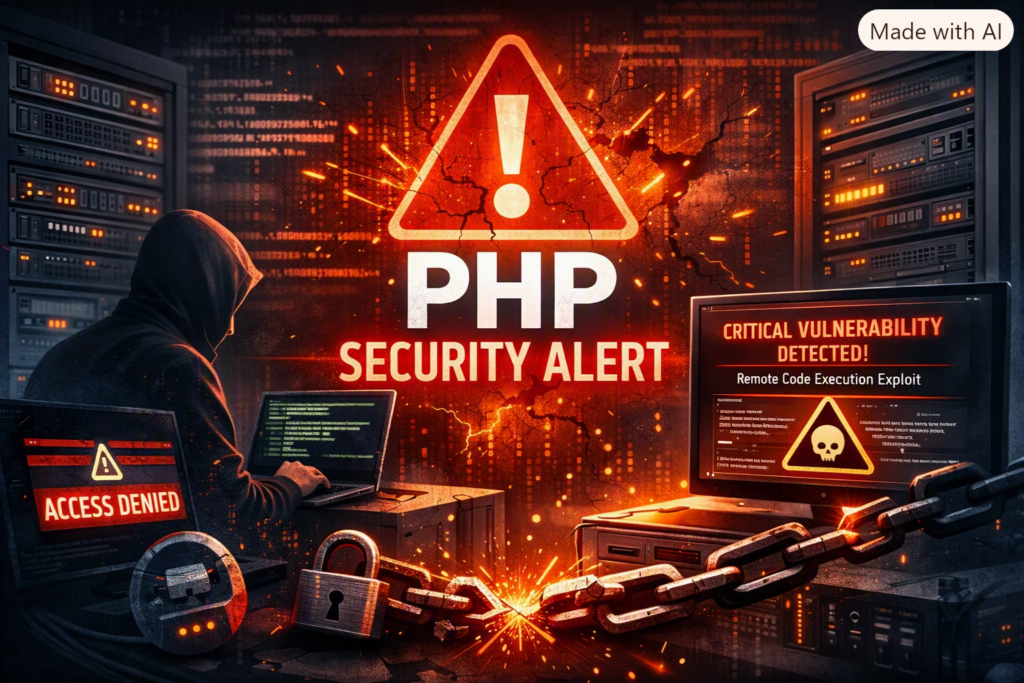 „Digitale Illustration eines PHP‑Sicherheitsalarms mit Warnsymbol, Serverraum und Hinweis auf kritische Sicherheitslücke.